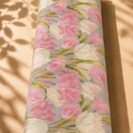 Soft gray chiffon with elegant pink and ivory tulip florals accented by fresh green stems - Italian Chiffon (CF01)
