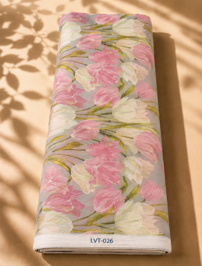 2026/08/1000058531.png Soft gray chiffon with elegant pink and ivory tulip florals accented by fresh green stems - Italian Chiffon (CF01) - Image 1