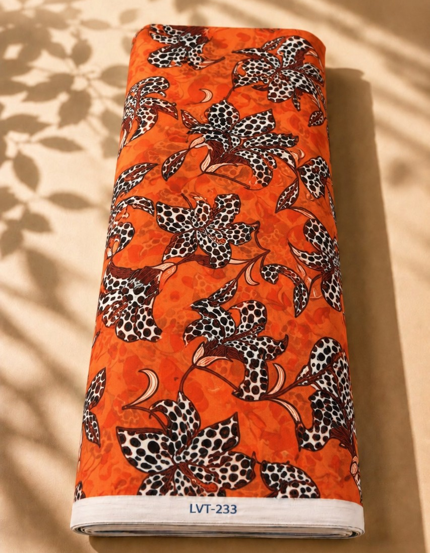 2026/08/1000058545.png Vibrant orange chiffon with bold spotted floral motifs in black, white, and deep brown - Italian Chiffon (CF01) - Image 1