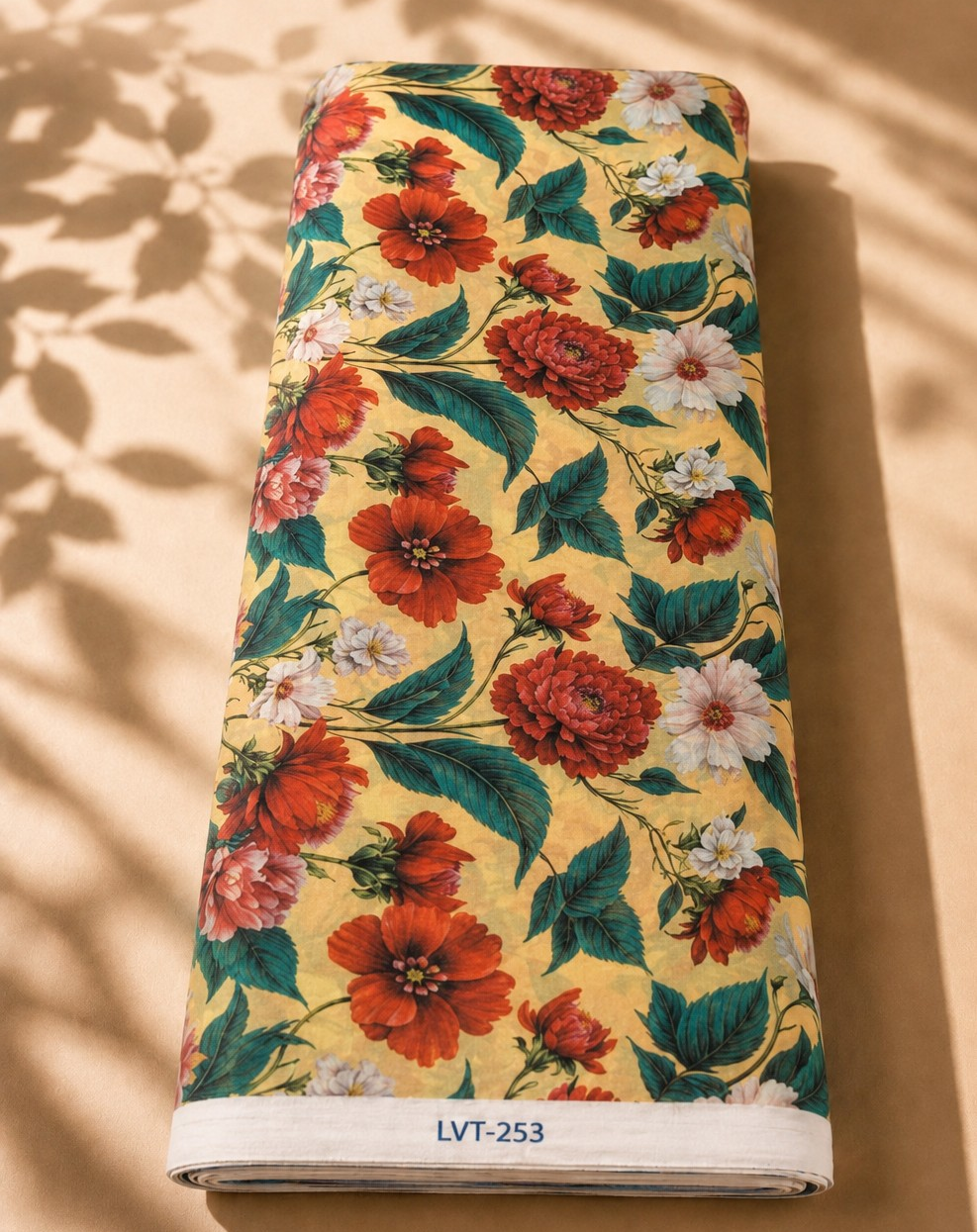 2026/08/1000058550.png Warm yellow chiffon with rich red florals, soft white blossoms, and deep green leaves - Italian Chiffon (CF01) - الصورة 1