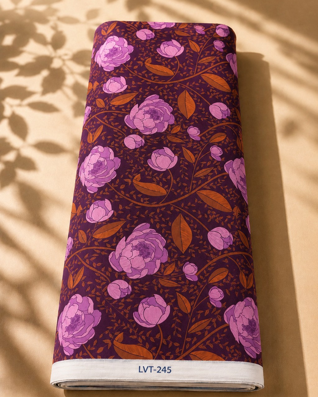 2026/08/1000058555.png Deep burgundy chiffon with elegant pink florals and warm orange leafy vines - Italian Chiffon (CF01) - الصورة 1