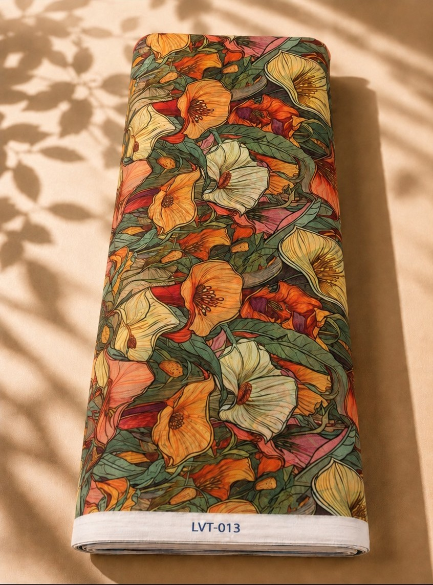 2026/08/1000058568.png Rich multicolor chiffon with artistic orange, cream, and coral florals layered with deep green foliage - Italian Chiffon (CF01) - Image 1