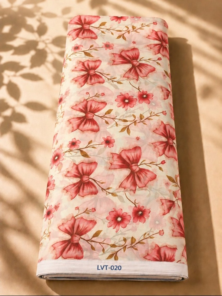 2026/08/1000058569.png Ivory chiffon adorned with elegant coral bow motifs, delicate florals, and warm golden leafy branches - Italian Chiffon (CF01) - الصورة 1