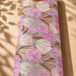 Soft gray chiffon adorned with elegant pink and ivory tulip florals accented by warm brown stems - Italian Chiffon (CF01)