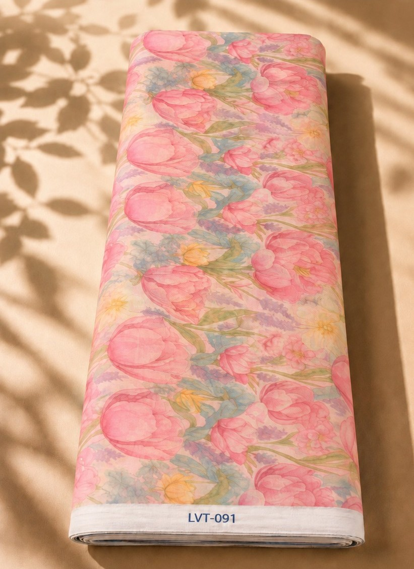 2026/08/1000058571.png Soft ivory chiffon adorned with romantic pink florals and delicate pastel blue, lavender, and green accents - Italian Chiffon (CF01) - Image 1