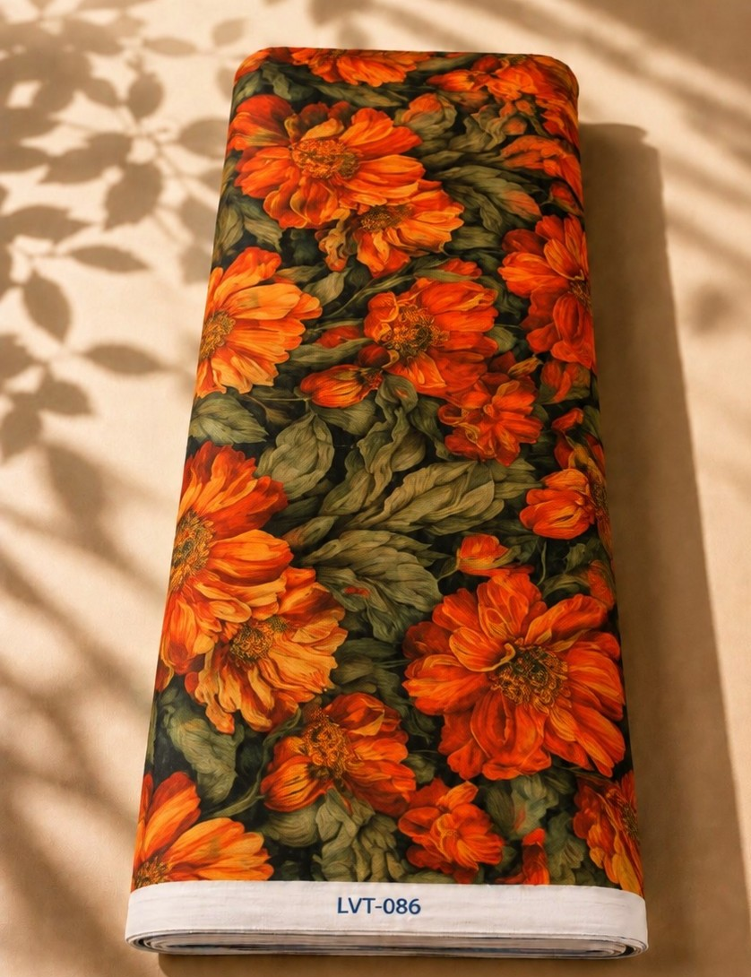 2026/08/1000058572.png Deep black chiffon adorned with vivid orange florals and rich olive-green foliage for a bold elegant look - Italian Chiffon (CF01) - الصورة 1