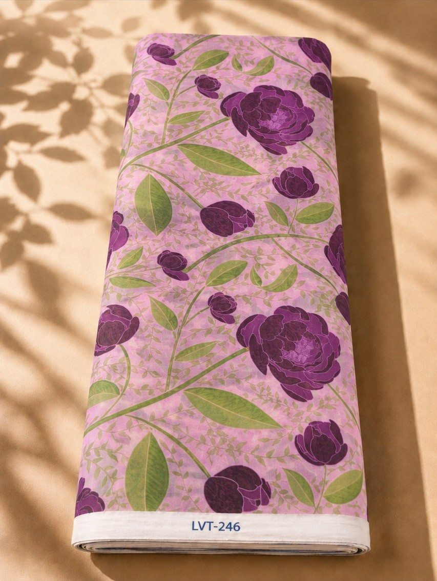 2026/08/1000058573.png Soft pink chiffon with elegant deep purple roses and fresh green leafy vines - Italian Chiffon (CF01) - Image 1