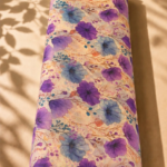 Soft beige chiffon with elegant purple and smoky blue watercolor florals accented by delicate botanical branches - Italian Chiffon (CF01)