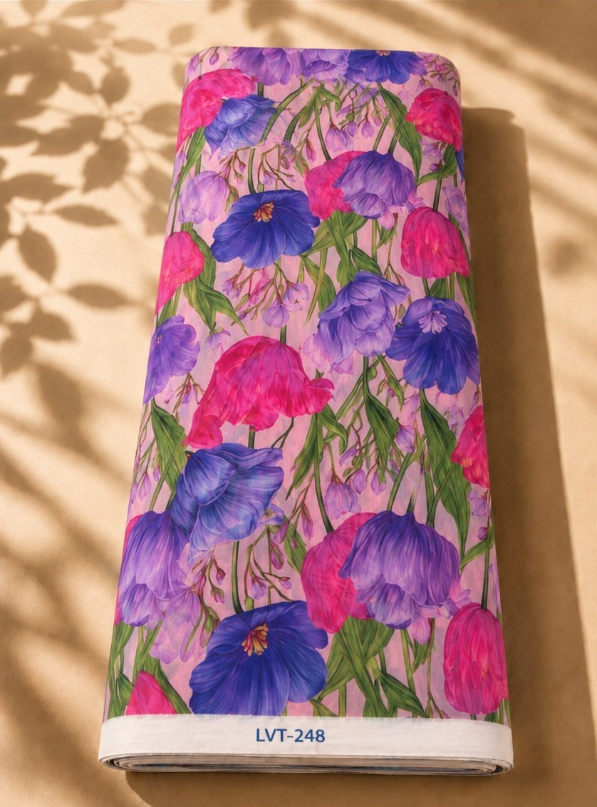 2026/08/1000058577.png Soft pink chiffon adorned with vibrant fuchsia, violet, and royal blue florals with fresh green stems - Italian Chiffon (CF01) - الصورة 1