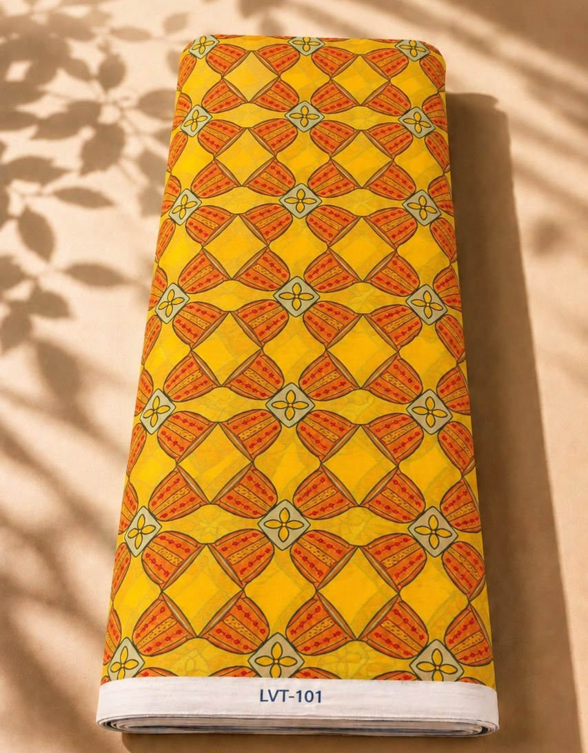 2026/08/1000058578.png Bright yellow chiffon with repeating orange geometric motifs and delicate floral accents - Italian Chiffon (CF01) - الصورة 1