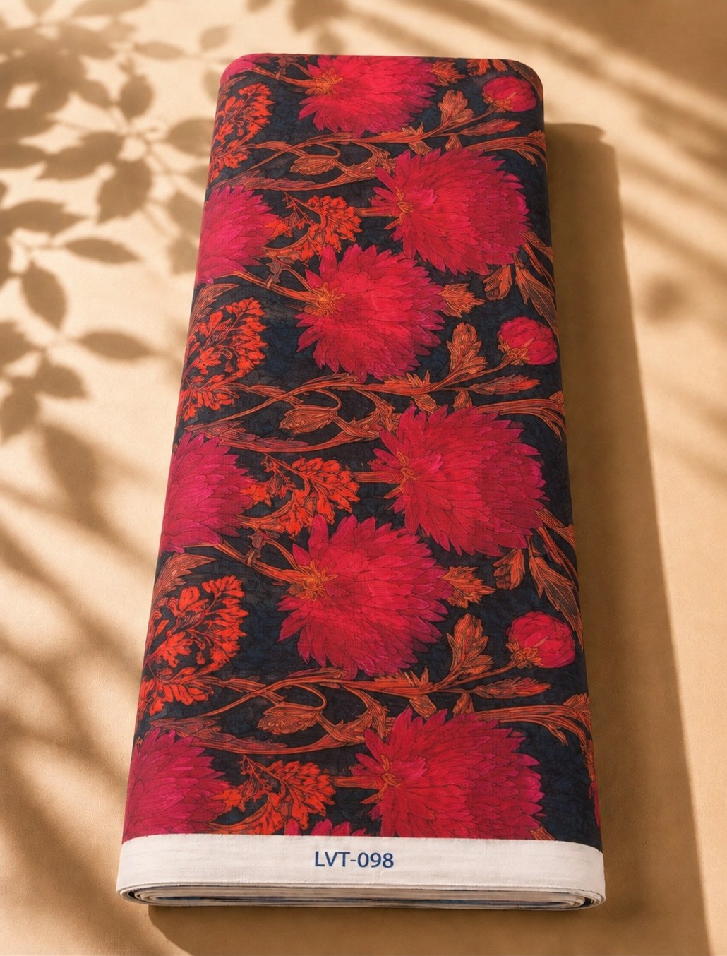 2026/08/1000058581.png Deep navy chiffon adorned with bold crimson and fuchsia florals accented by warm rust-toned branches - Italian Chiffon (CF01) - الصورة 1