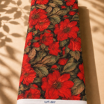Black chiffon adorned with bold scarlet red florals and rich olive-toned leaves for a dramatic elegant look - Italian Chiffon (CF01)