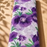 Soft white cotton with large purple florals and fresh green leaves over delicate lavender floral shadows - Italian Cotton (PC02)