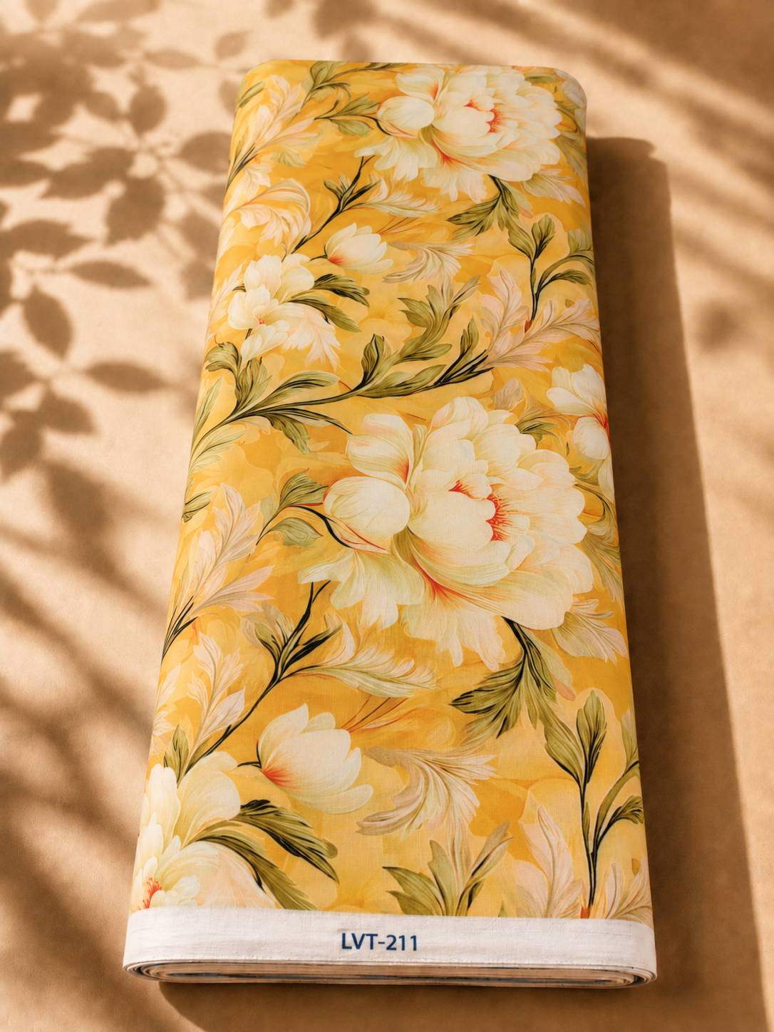 2026/08/1000058896.png Warm golden yellow cotton with large ivory florals and elegant olive-green flowing leaves - Italian Cotton (PC02) - الصورة 1