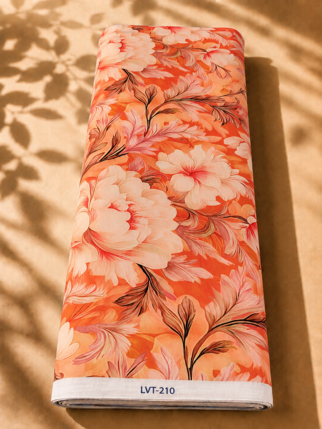 2026/08/1000058897.png Vibrant coral-orange cotton with large ivory florals and elegant flowing leaves in soft pink and brown tones - Italian Cotton (PC02) - Image 1