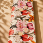 Soft ivory cotton featuring elegant large florals in pink, red, orange, and peach tones, accented with muted olive-brown foliage - Italian Cotton (PC02)