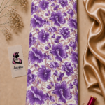 Rich purple floral design with delicate leaves on a soft white background - Italian Silk (ST01)