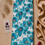 Elegant turquoise blue floral design with layered blossoms, delicate golden outlines, and soft artistic details on a white background - Italian Silk (ST01)