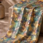 Turquoise chiffon zari fabric featuring an abstract floral pattern with shimmering gold accents for a vibrant, artistic look-Italian Chiffon Zari (ZR16)