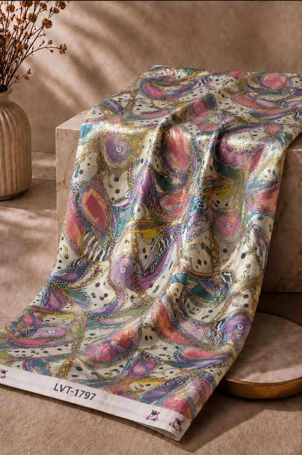 2026/08/1000061596.png Playful multicolor chain motifs with bold artistic details and radiant gold touches - Chiffon Zari (ZR16) - Image 1