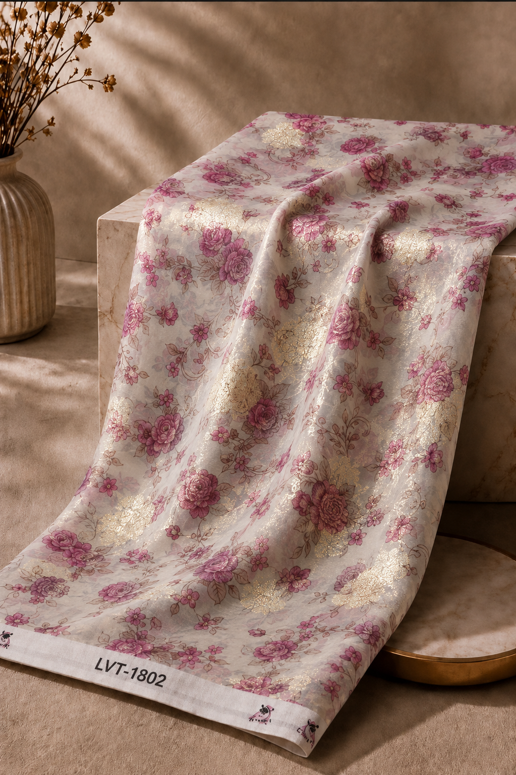 2026/08/1000061610.png Elegant pink rose design with delicate gold zari details - Chiffon Zari (ZR16) - Image 1