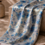 Blue floral design with delicate leaves and shimmering gold zari details - Chiffon Zari (ZR16)
