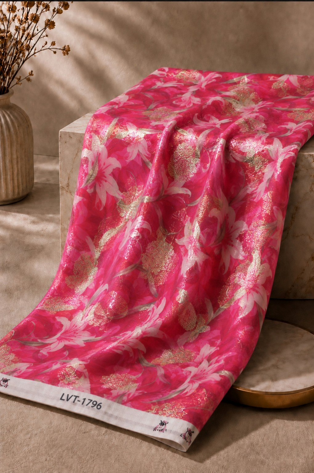 2026/08/1000061753.png Striking fuchsia lilies blended with rich golden accents for a bold glamorous finish - Chiffon Zari (ZR16) - Image 1