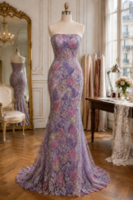 French embroidered lace in dreamy lavender and soft pink, adorned with delicate floral details and shimmering crystal embellishments.
