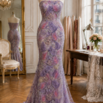 French embroidered lace in dreamy lavender and soft pink, adorned with delicate floral details and shimmering crystal embellishments.