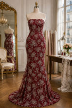 Deep burgundy French embroidered lace, richly embellished with sparkling crystal florals for a bold and glamorous look.