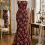 Deep burgundy French embroidered lace, richly embellished with sparkling crystal florals for a bold and glamorous look.