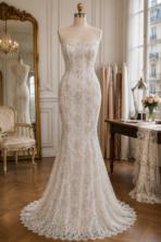 Ivory French embroidered lace, gracefully detailed with refined floral motifs and sparkling crystal accents for an exquisite finish.