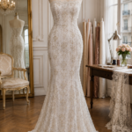 Ivory French embroidered lace, gracefully detailed with refined floral motifs and sparkling crystal accents for an exquisite finish.