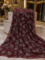 ⁦Deep burgundy French embroidered lace, richly embellished with sparkling crystal florals for a bold and glamorous look.⁩ - الصورة ⁦2⁩