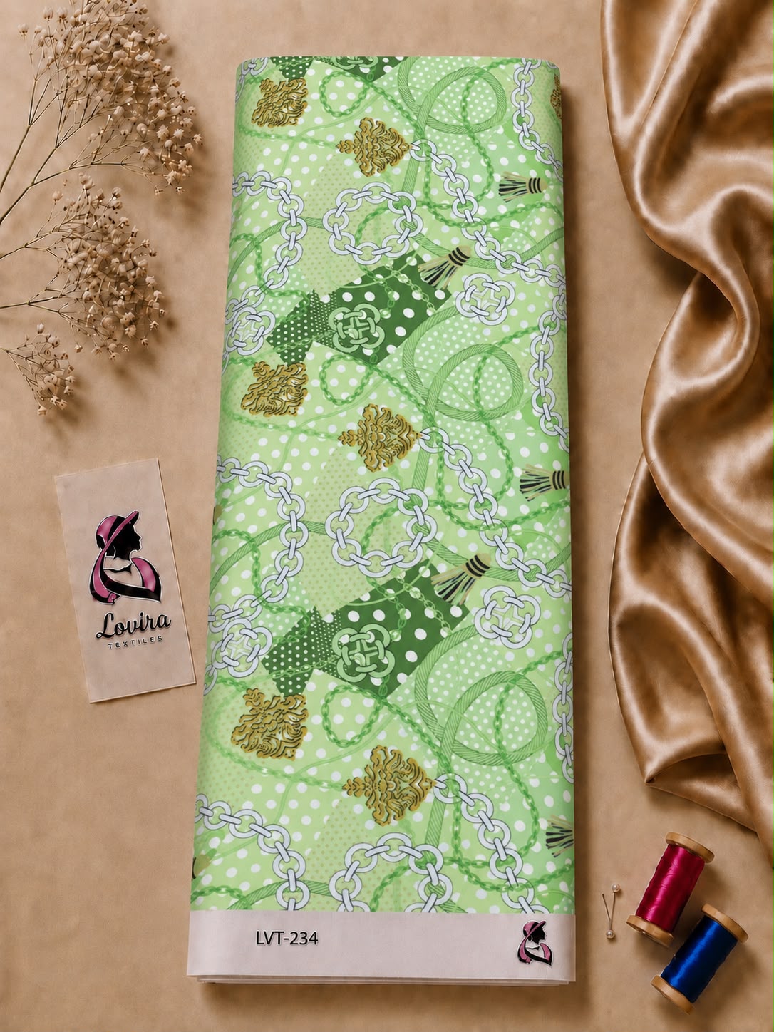 22947d17-002b-4773-a572-0fc5479ec670 Elegant chain print in fresh green tones with decorative links, tassels, and polka dot accents-Italian Silk (ST01) - Image 1