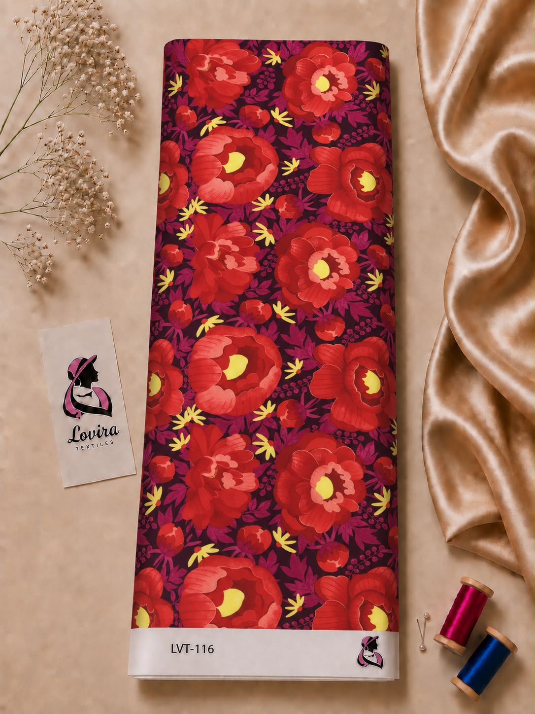 313496ac-8dc8-4e05-b17b-7f7366d4e2a8 Bold floral print with rich red blooms on a deep plum background- Italian Silk (ST01) - Image 1