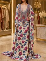 ⁦Ready-made embroidered silk fabric with a vibrant floral print and elegant embroidered neckline.(Italian Silk)⁩ - الصورة ⁦2⁩