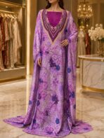 ⁦Ready-made embroidered silk fabric with a luxury chain print and elegant embroidered neckline.(Italian Silk)⁩ - الصورة ⁦2⁩