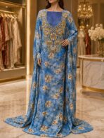 Ready-made embroidered Cotton fabric featuring elegant blue floral prints with luxurious gold and silver embroidery-Libirty Cotton - Image 2