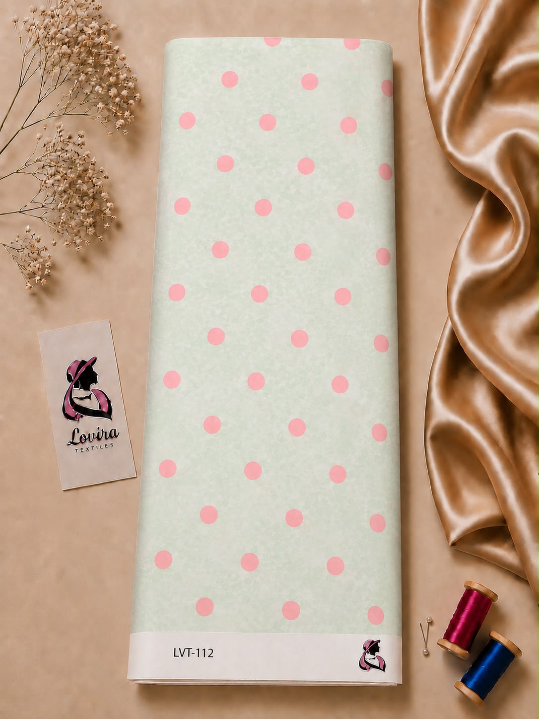 83e9a4d0-55f2-42f5-aa28-dd7db9fc130a Classic polka dot print featuring soft blush pink dots on a light mint background-Italian Silk (ST01) - الصورة 1