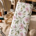 Delicate floral fabric featuring soft pink lilies and graceful green leaves on a fresh white background.