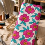 Bold floral fabric featuring vibrant pink blooms with turquoise leaves on a clean white background.