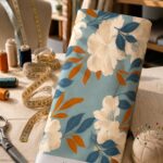 Elegant oversized floral print with soft ivory blooms and contrasting blue and amber leaves.