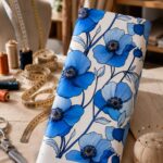 Elegant fabric with bold blue florals on a soft ivory base.