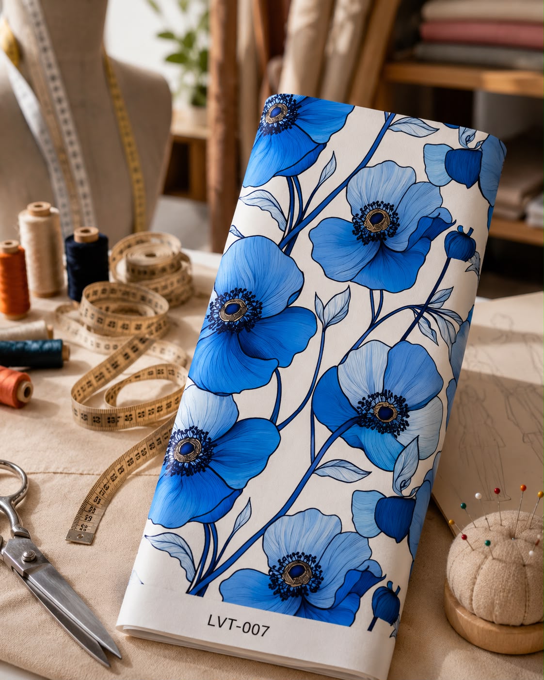 LVT-007 Elegant fabric with bold blue florals on a soft ivory base. - Image 1