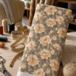 Elegant fabric featuring a soft neutral paisley print with warm beige tones.