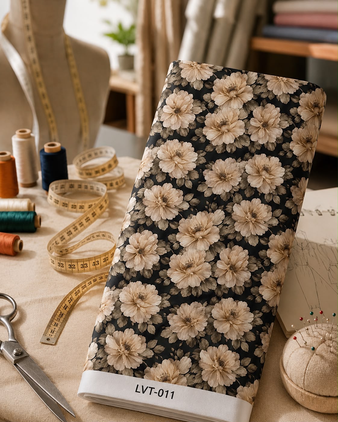 LVT-011 Elegant floral fabric featuring soft beige blooms on a deep black background. - Image 1