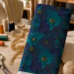 Rich floral fabric featuring layered teal and navy blooms with subtle golden accents.