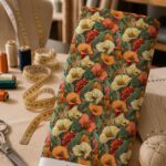 Vibrant botanical floral design featuring orange, coral and ivory blooms with rich green foliage.