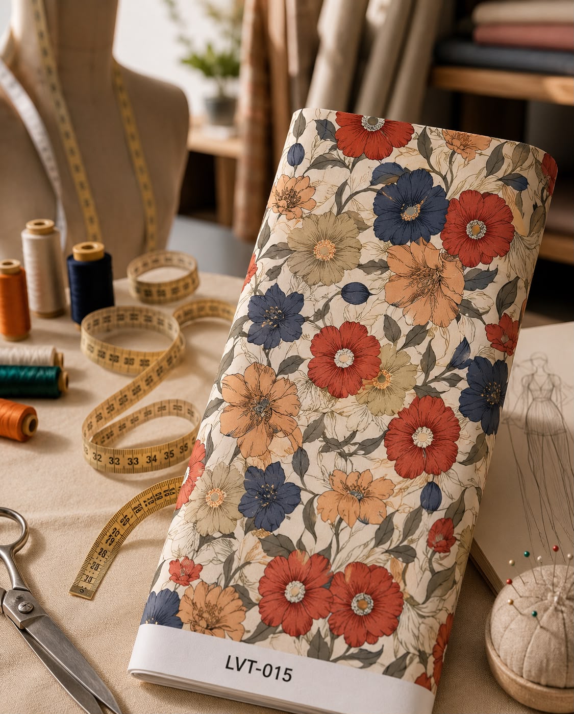 LVT-015 Elegant floral print featuring bold red, navy and peach blooms with soft neutral foliage. - الصورة 1
